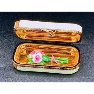 Authentic Hand-Painted Limoges Trinket Box Pink Rose Bouquet Scissors Surprise